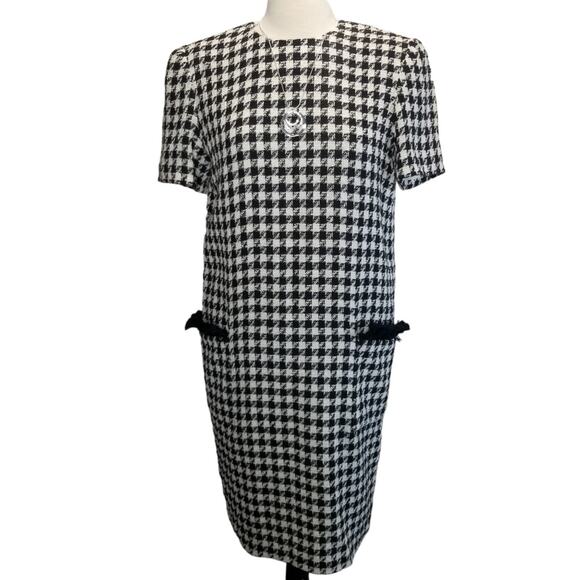 Albert Nipon Dress Size 10 Houndstooth Shift Dress Fringe Trim Black White - Picture 9 of 9